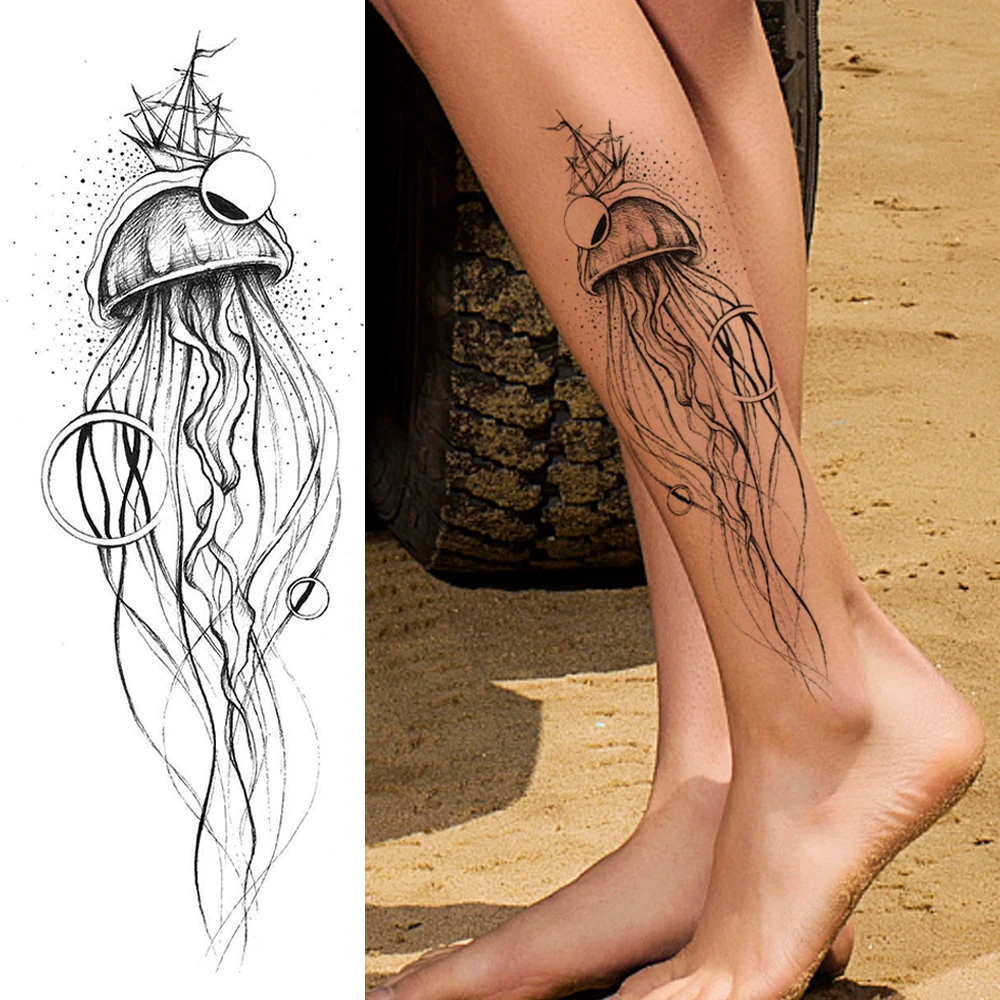 

Large Jellyfish Temporary Tattoos Stickers For Women Girls Sexy Body Art Big Arm Leg Tatoo Sheet Paper Black Geometric Tattoo