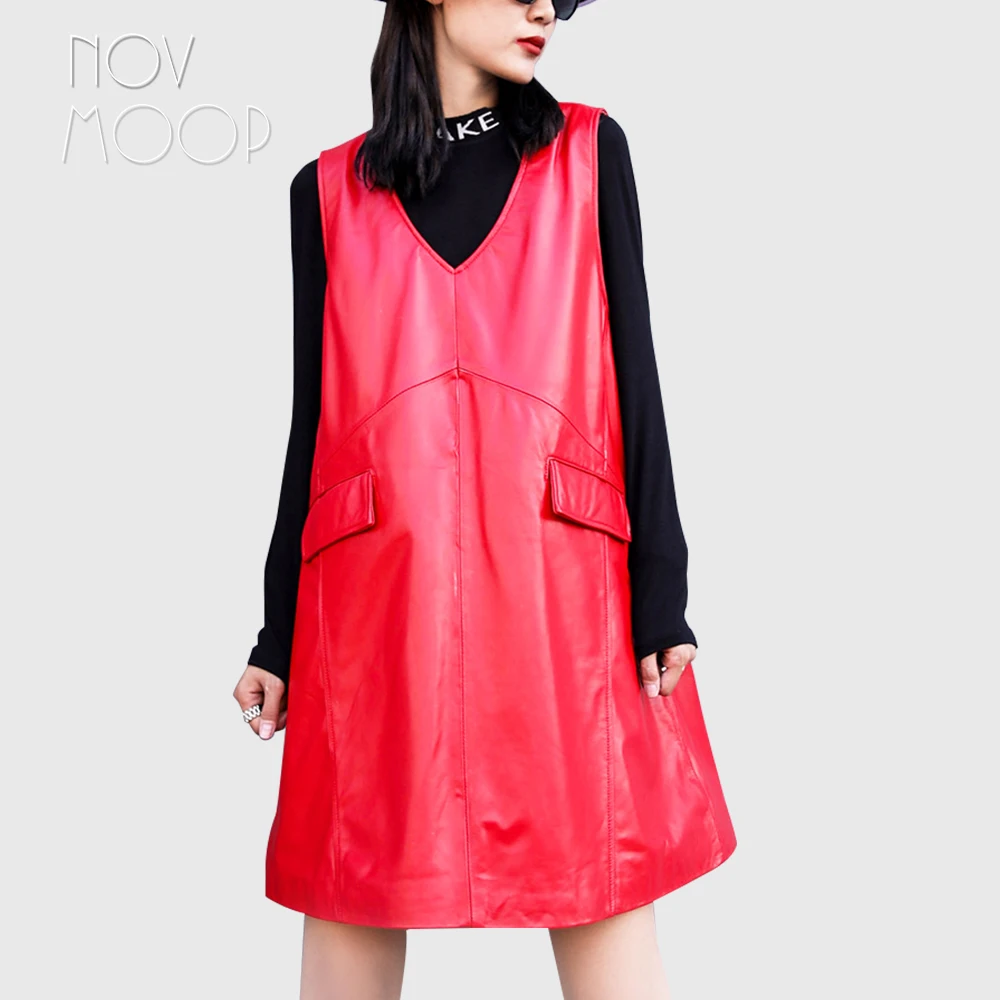 Novmoop sheepskin genuine leather women tank dress v collar A shape simple chic style LT3329