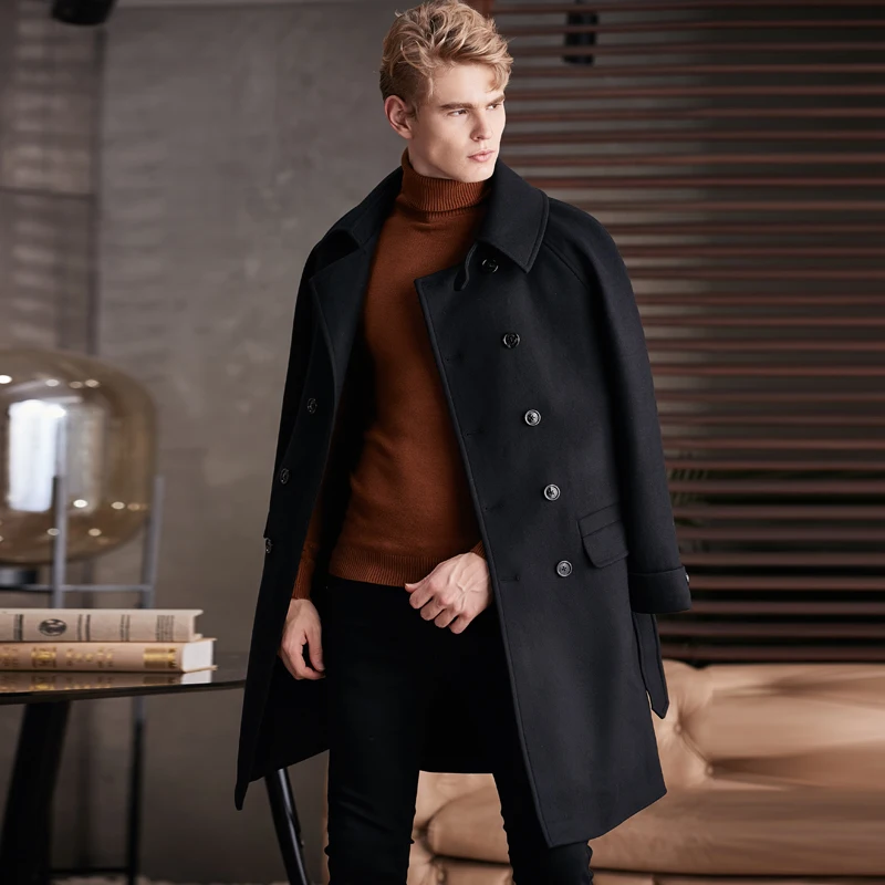 Knee-length Woolen Coat For Men 2023 Fall/Winter European Business Casual Wool Coat Male Fashion Double Breasted Outwear As Gift