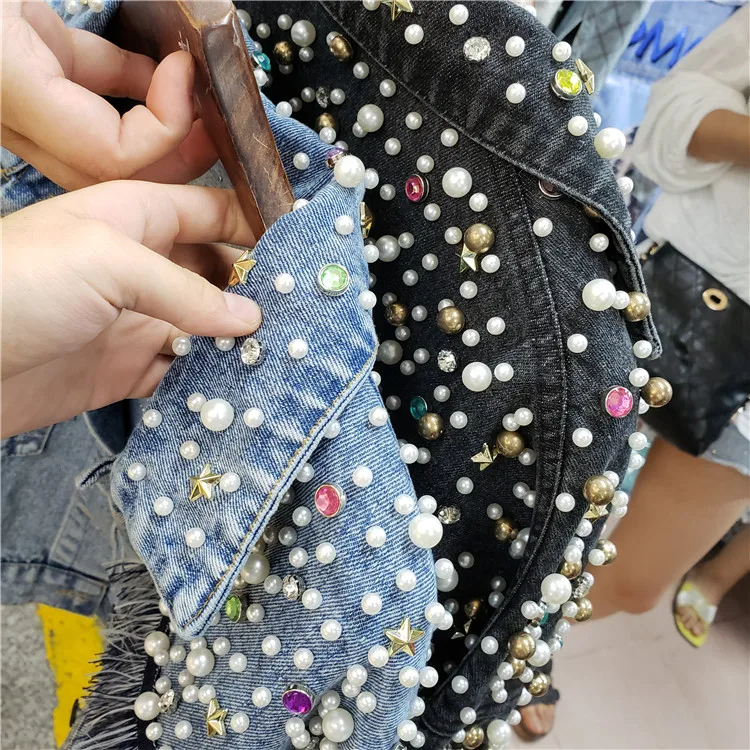 Retro Heavy Industry Beaded Tassel Jean Jacket Female Spring New Short Paragraph Denim Jacket Black Casual Jeans Jackets