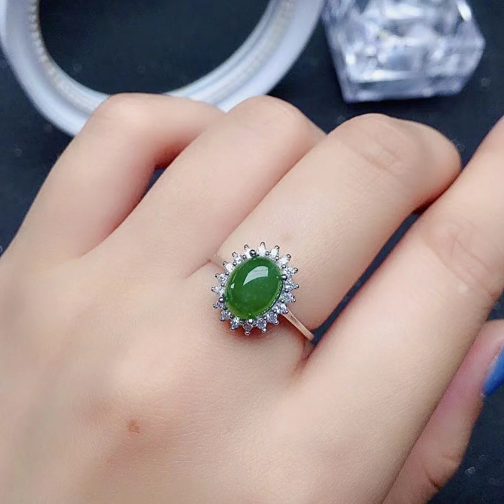 

100% Natural Jade Ring for Office Woman 7mm*9mm Green Jade Silver Ring Solid 925 Silver Jasper Jewelry Gift for Woman