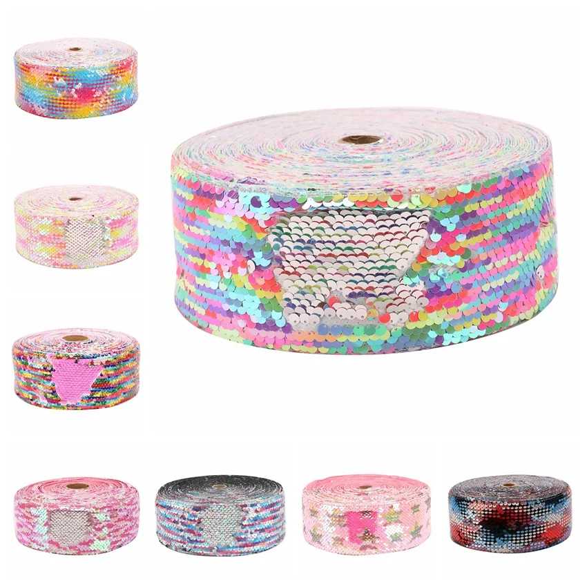 

HSDRIBBON 3 inch 75mm New Sequin Fabric Reversible Glitter Sequin Ribbon 25Yards/Roll