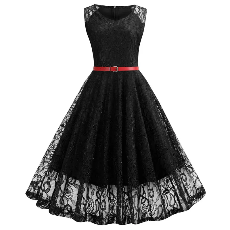 

Black White Summer Lace Dress Women Sleeveless Vintage Swing Elegant Red Midi Party Office Dress Robe Femme Vestidos