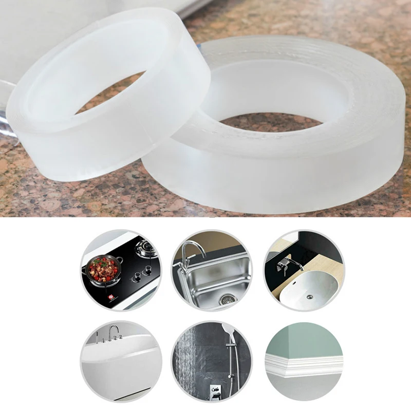 Transparent nano-tape Double-Sided tape Waterproof Adhesive Traceless Sticker Cleanable Removable for Universal Corner Line Sink