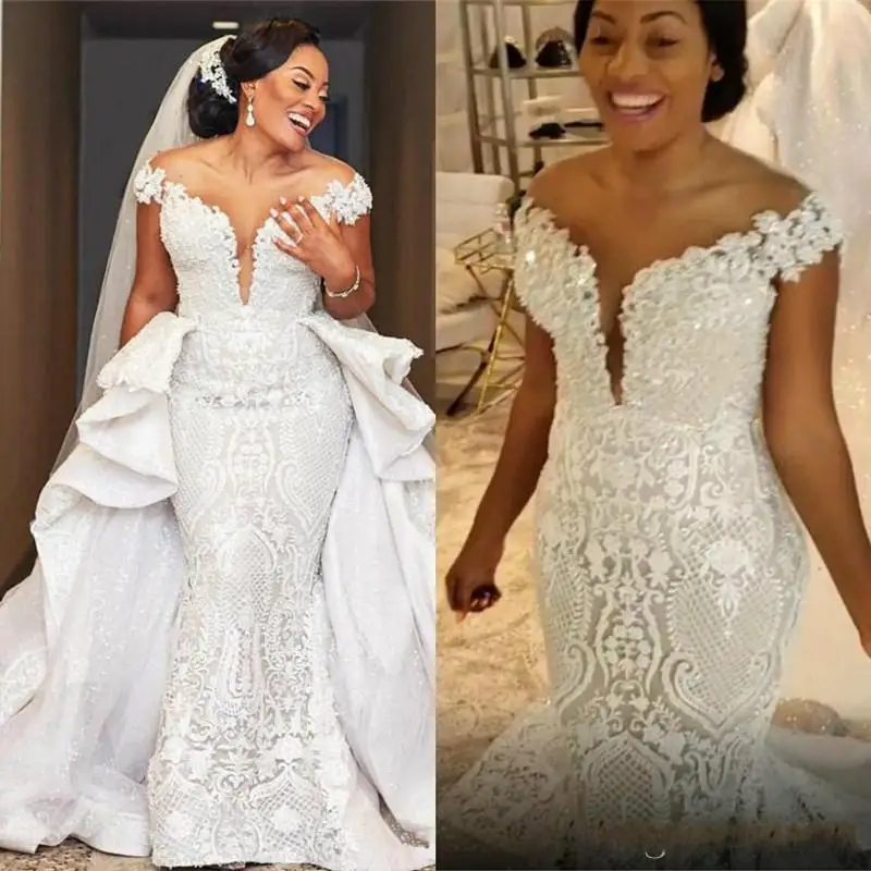 

Spark Mermaid Wedding Dresses Detachable Train African Lace Country Garden Boho Bridal Gowns Off The Shoulder