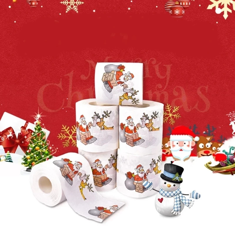 1 Roll Soft Toilet Paper Merry Christmas Santa Claus Tree Colorful Printed Bath Toilet Paper Home Supplies Decor Tissue