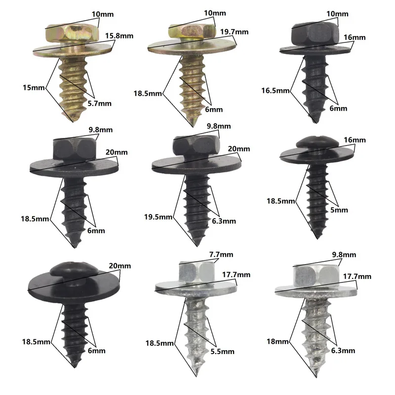 10Pcs Mixed Car Body Fender Screw 5mm 5.5mm 6mm 6.3mm Metal Self Tapping Screw Rivet Fastener Bolt