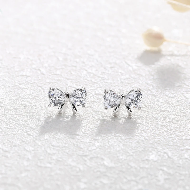 Bow-knot Cubic Zircon Real 925 Sterling Silver Stud Earrings for Women Female Ladies Wedding Party Jewelry Accessories YEA405