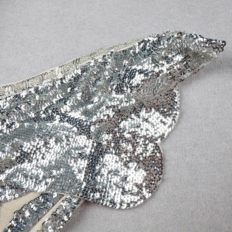 VC-Long Slip Dress with Silver Sequins, Ruffles Design, Sexy V Neck, Backless, Celebrity Party, Club Maxi, Chic
