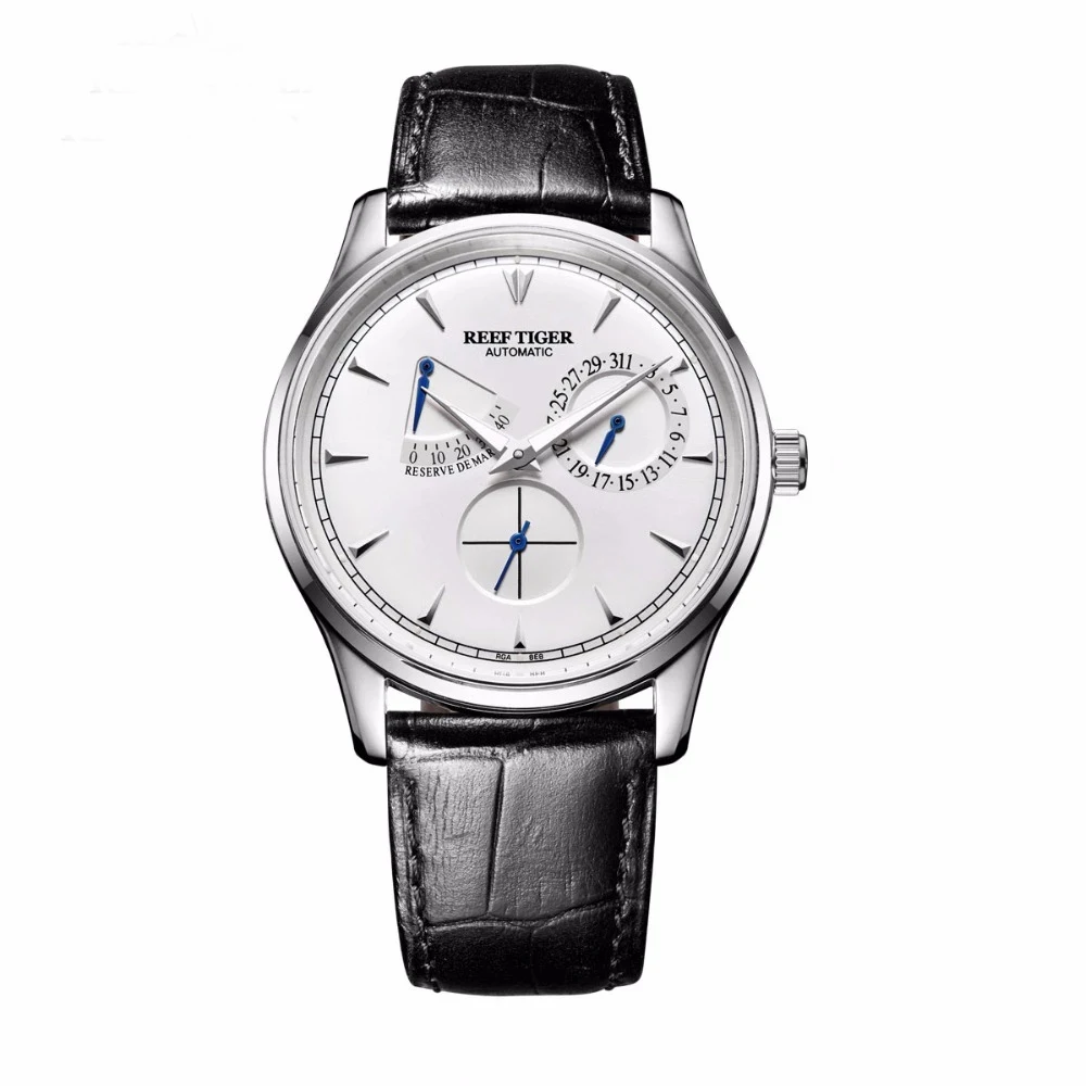 Reef Tiger/RT Elegant Men Power Reserve Watch Complete Calendar Small Seconds Steel Automatic Mechanical Watch Business Clock