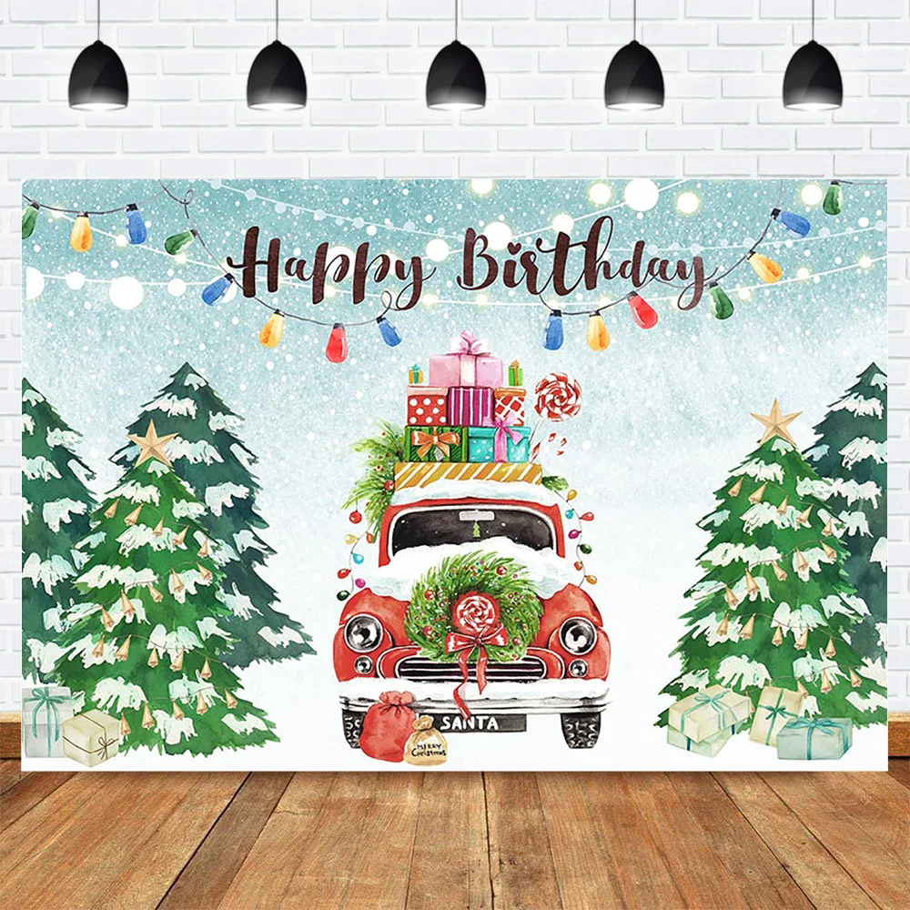 

Happy Birthday Christmas Backdrop Snowflake Winter Wonderland Photo Background Light Christmas Tree Gifts Car Birthday Party