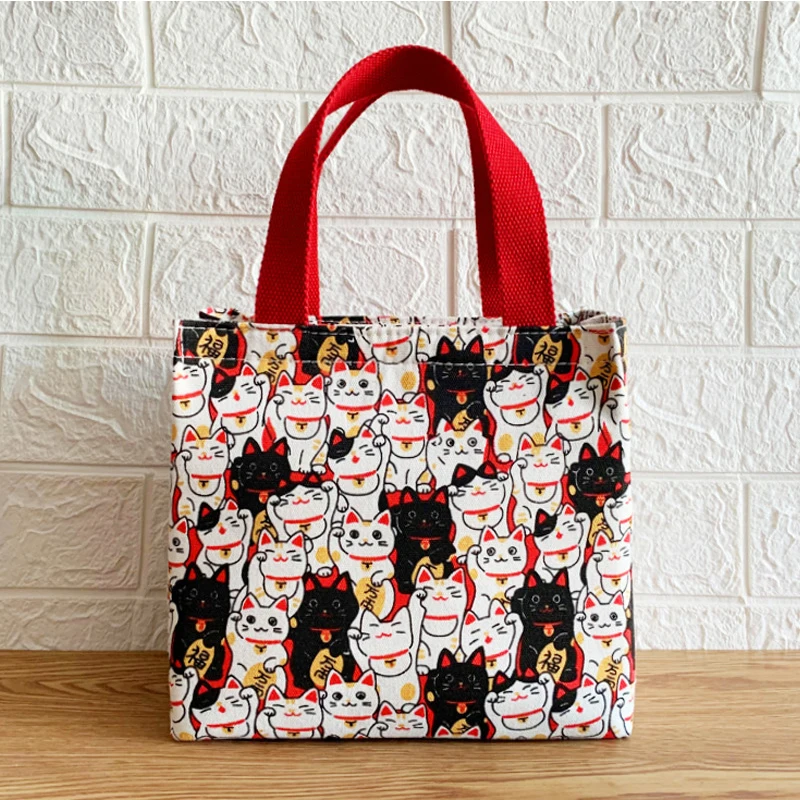 Cute Cat Pattern Canvas Portable Thermal Bag Lunch Box Student Office Worker Kawaii Bento Bag Waterproof Aluminum Foil