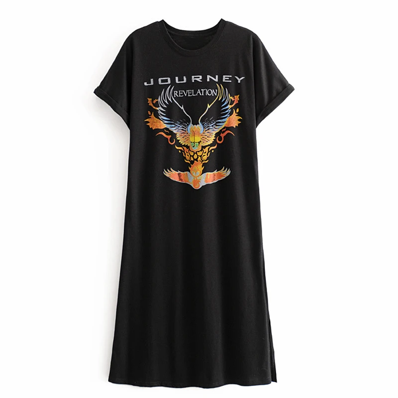 Teelynn Zwart Tee Jurken Voor Vrouwen Vintage Zwart Print T-shirt Jurk Zomer 2020 Casual Losse Lange Jurken Vestidos Boho