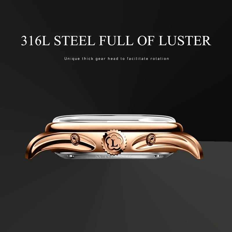 LOBINNI Top Brand Luxury Men Watch Rose Gold Case Genuine Leather Strap Automatic Mechanical Watches Date Week Month Clock
