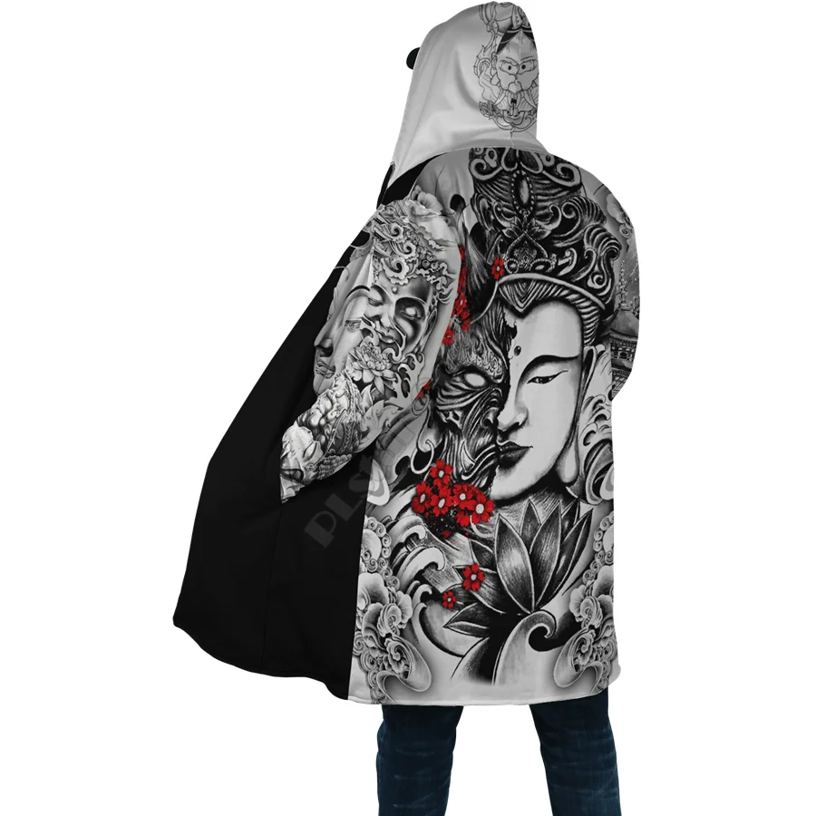 Winter Men For Women Hooded Cloak Japanese Oni Mask 3D Over Printed Cloak Fleece Wind breaker Warm Hood Cloak