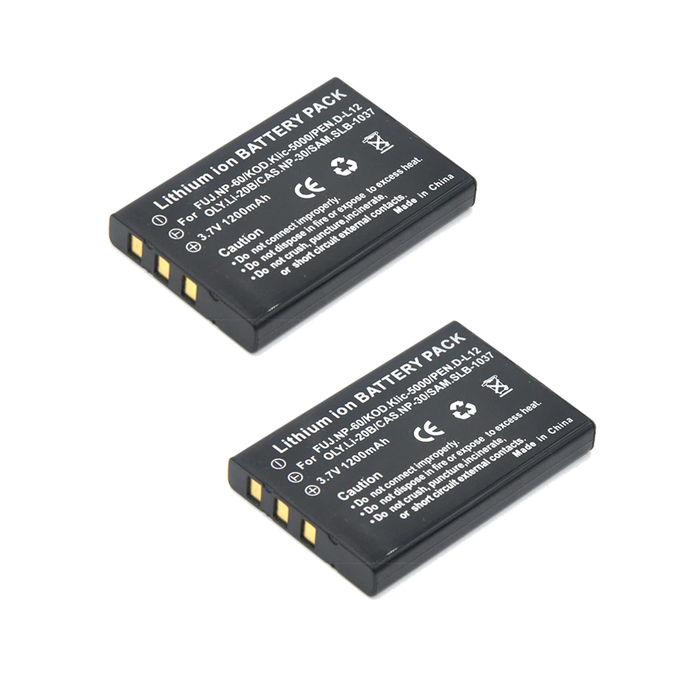 2pcs 1200mAh NP-60 NP 60 NP60 Battery + USB Charger for Samsung SLB-1037 for Fujifilm NP-60 Kodak KLIC-5000 for Olympus Li-20B