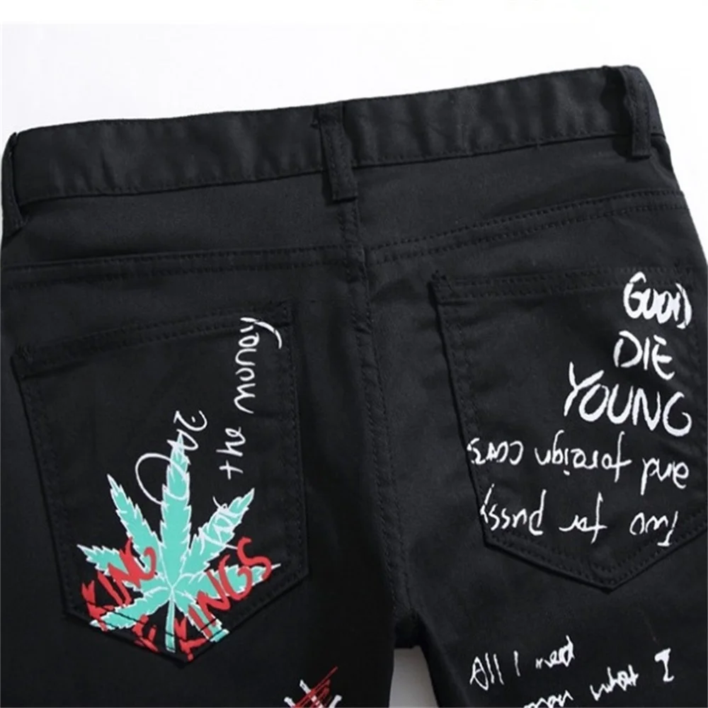 EH·MD® Graffiti Black Jeans Men's Flame Skull Print 90s Street Style Cotton Zipper Trousers 2020 New Trend Personality Thin Feet