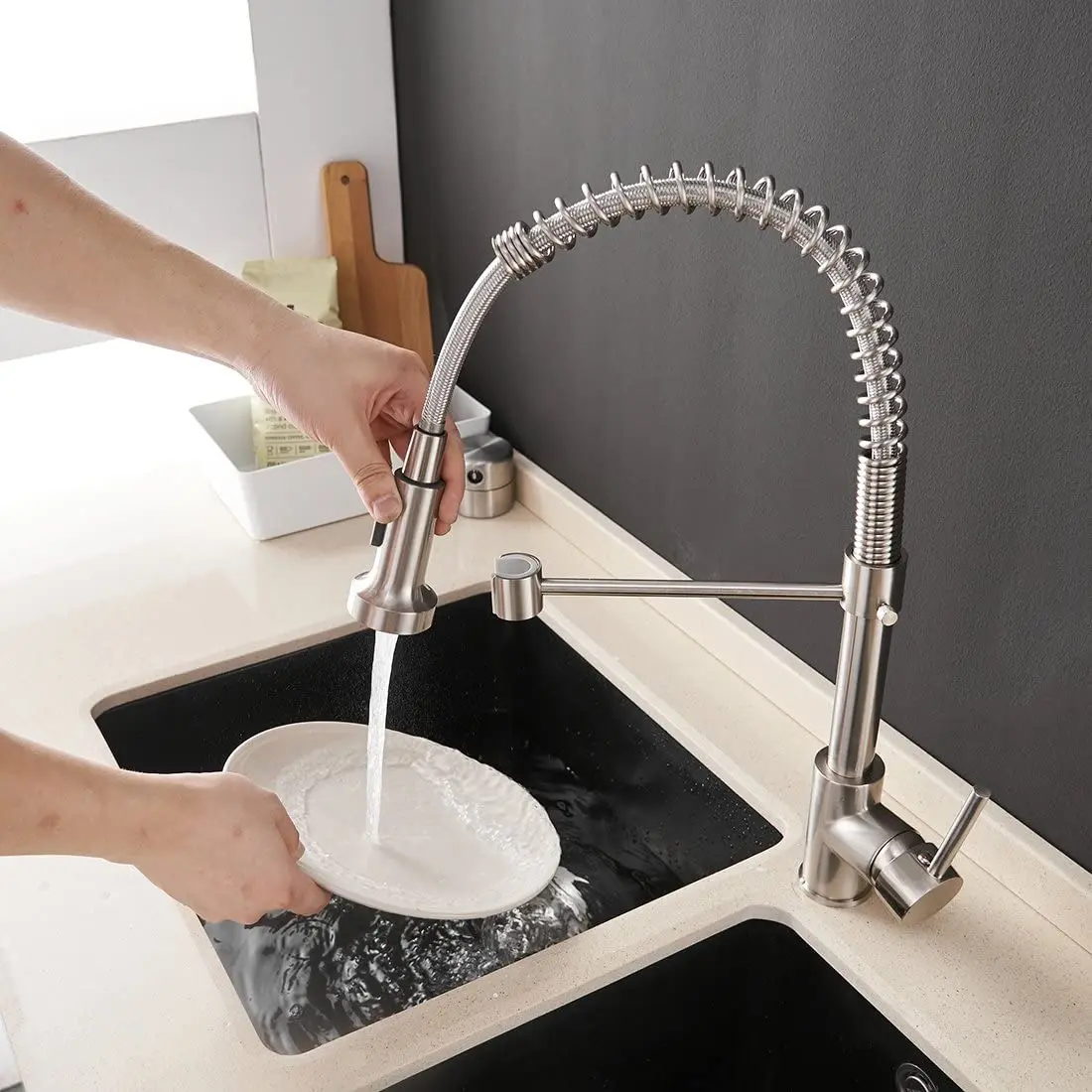 Kitchen Faucets Low Lead Commercial Single Handle Single Lever Pull Down Sprayer Spring Kitchen Sink Faucet, Brushed