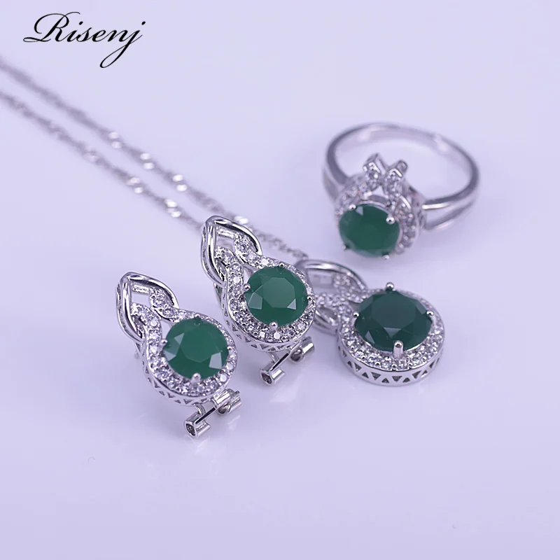 Round Silver 925 Jewelry Set Malay Jade 925 Sterling Silver Costume Jewelry Set For Women Hoop Earrings Ring Necklace Set