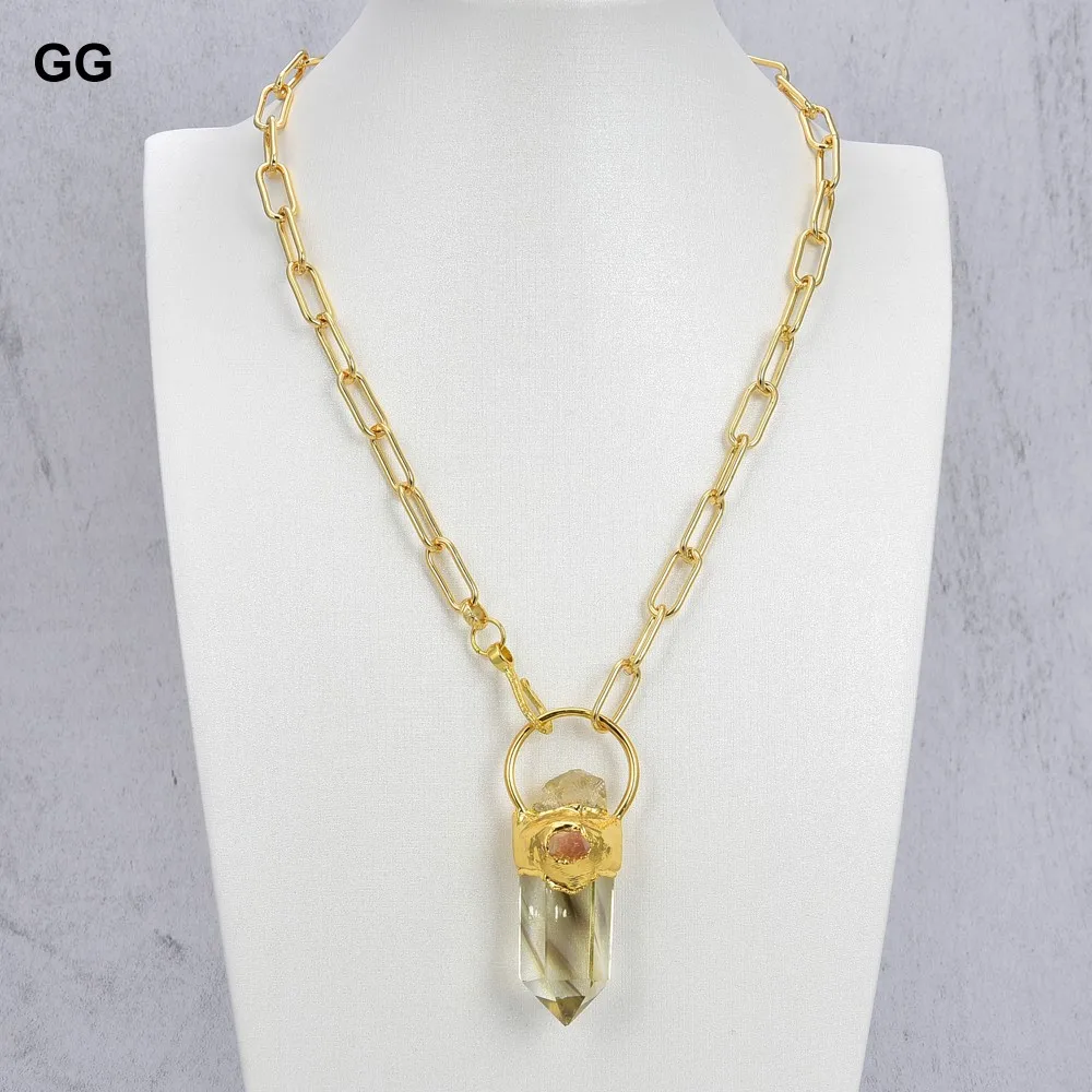 GG Natural Lemon Quartz Point Citrine Rough Pendant Gold Plated Fashion Chain Necklace 20