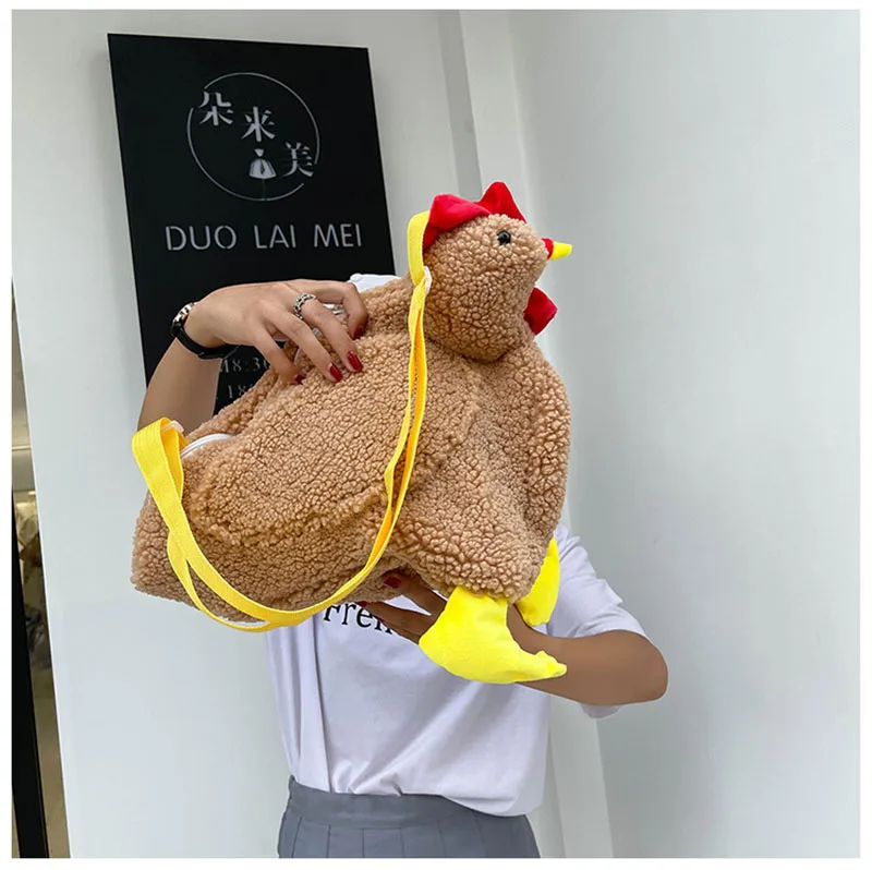 Bolso de hombro de felpa con dibujos animados de pollo para mujer, Bolso bandolera con cremallera con correa ajustable, ropa informal