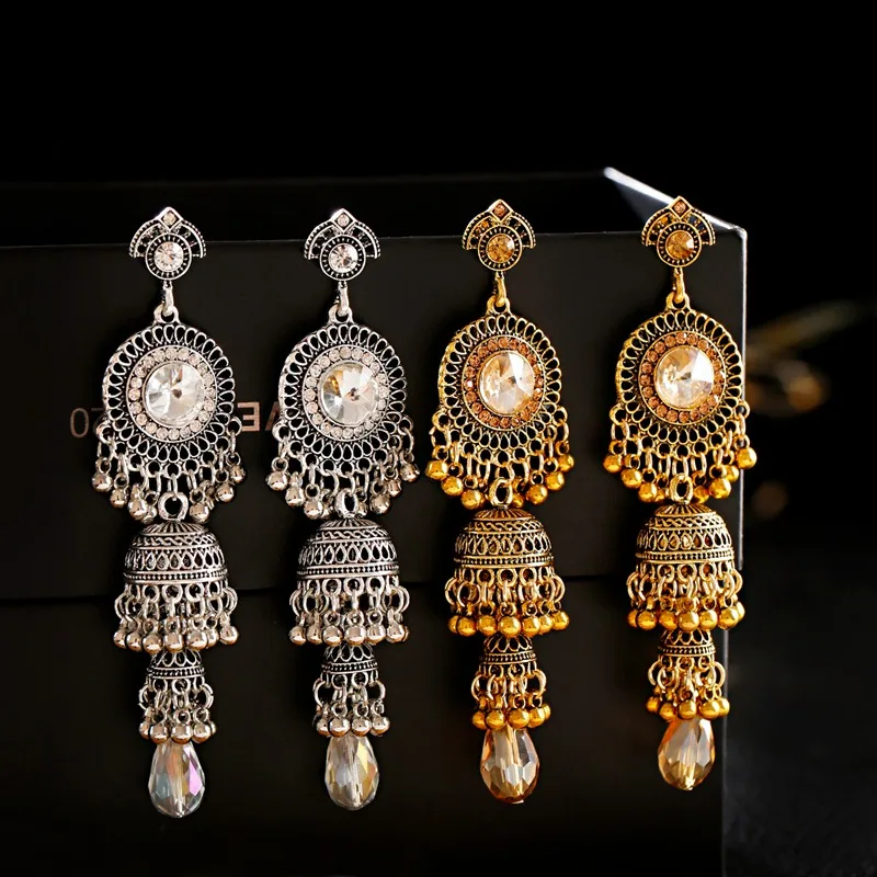 2022 kobiet w stylu Vintage etniczne srebrny kolor Indian Jhumka Bell Tassel kolczyki Retro Gypsy spadek kolczyki Brincos biżuteria