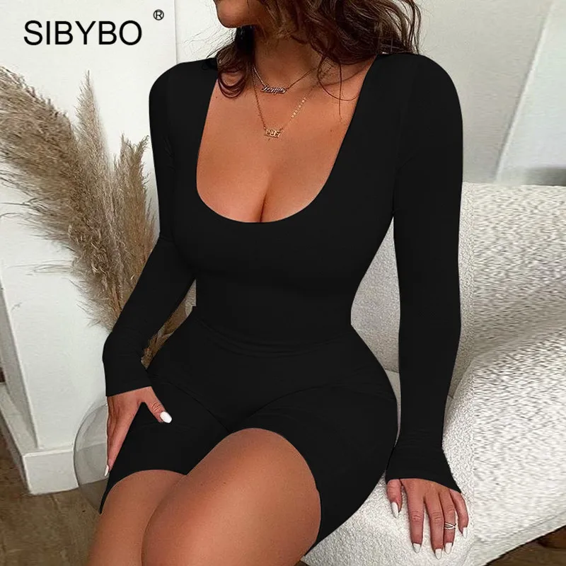 

Sibybo Black Long Sleeve Slim Playsuit Women Spring O-Neck Backless Sexy Rompers Womens Jumpsuit Femme Casual Body Tops Overalls