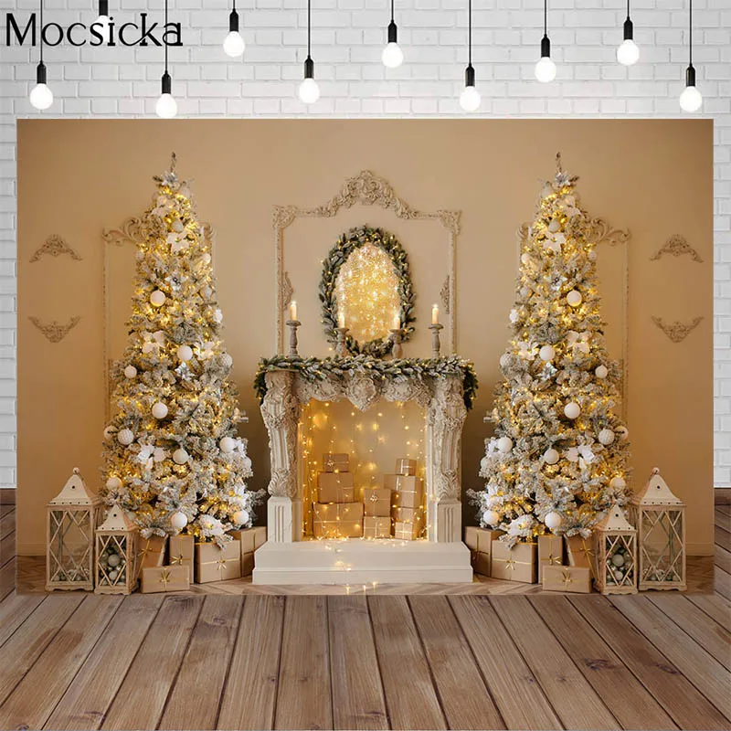 Magnificent คริสต์มาสเตาผิงการถ่ายภาพฉากหลังทองคริสต์มาสต้นไม้ของขวัญครอบครัวภาพพื้นหลังฤดูหน...