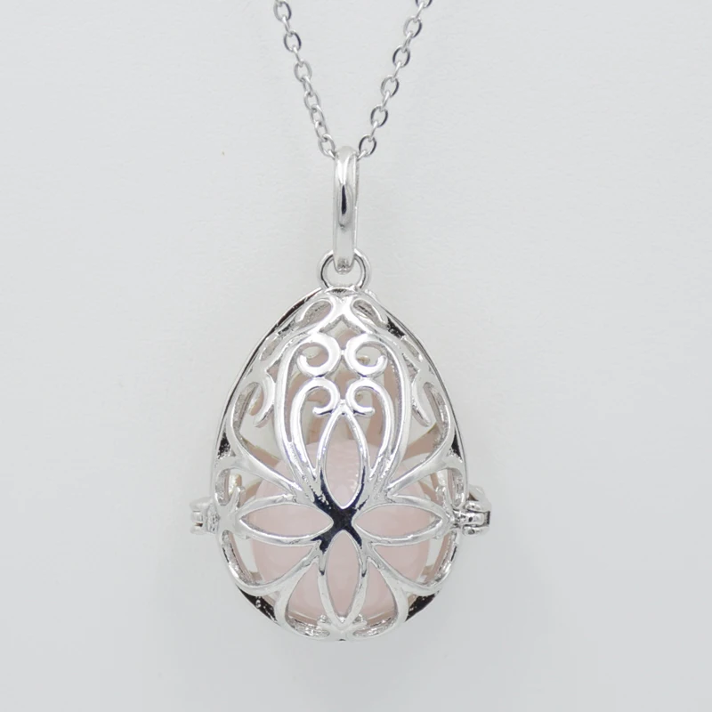 Dijes de jaula hueca en forma de huevo para mujer, colgante de medallón deslizante, collar con piedra Natural, Bola de cuentas redondas de cristal, fabricación de joyas DIY
