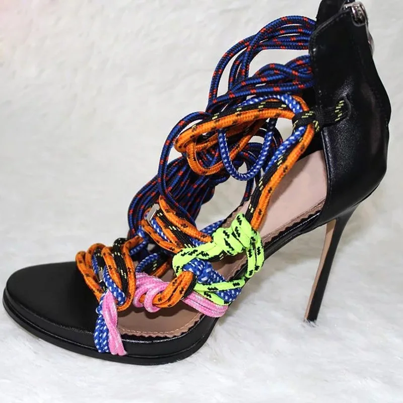 Summer Colorful  Rope Straps Knot Women sandals Mixed colors Lace Up High Heels Cut Out Style Ladies Gladiator Party Stiletto