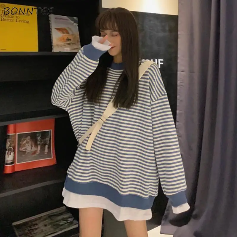 

Sweatshirts Women Spring Sweet Fashion Students Vintage Cozy Leisure All-match Simple Striped Japanese Style Ins Loose Teen Chic