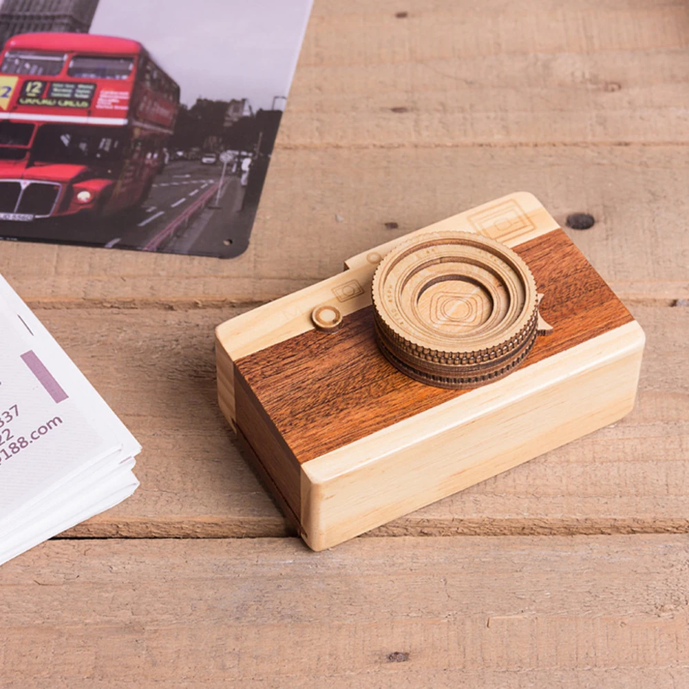 1 pz retrò in legno a forma di macchina fotografica classica melodia orologio carillon regalo musicale vendita calda decorazione della casa piccoli