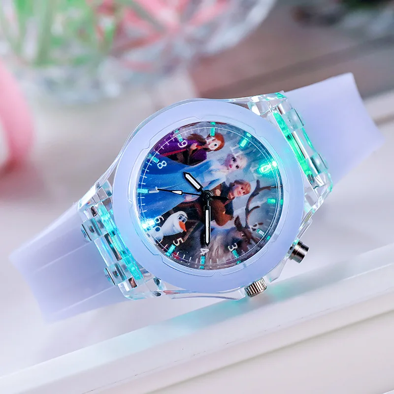 Jam Tangan Putri Disney Frozen untuk Anak Perempuan Jam Tangan Elsa Bercahaya untuk Anak Perempuan Jam Tangan Anak Sekolah Siswa Silikon Lampu Warna-warni