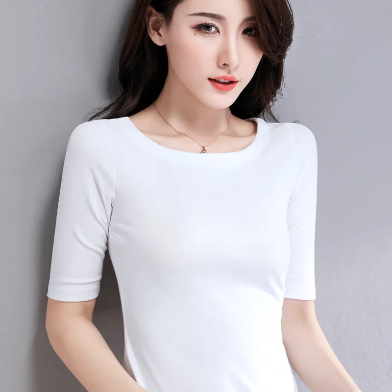 Cotton Women T-shirt O-neck Short Sleeve women shirt All match Lady Top Black White Gray Yellow Shir