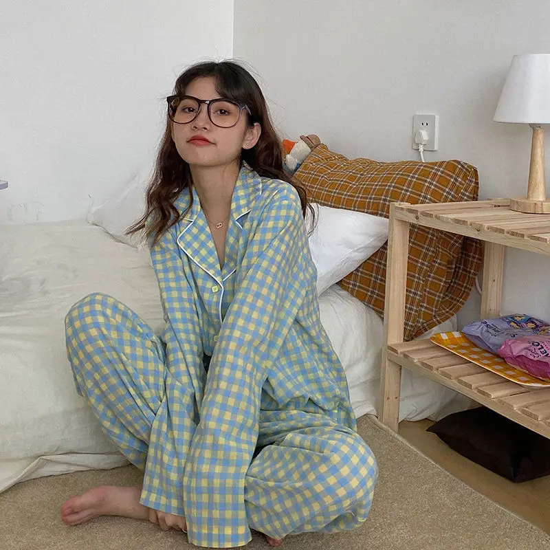 Autumn Pajama Sets Ulzzang Plaid Preppy Long Sleeve Soft Lovely Girls Nightwear Loose Trendy Daily Chic 2 Piece Womens Sleepwear