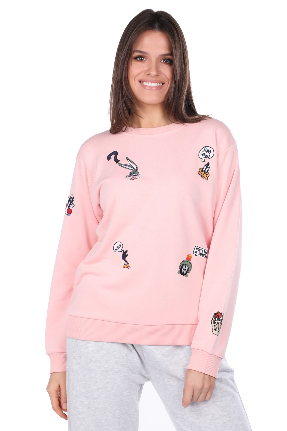 Cartoon Character Embroidered Pink Women Sweatshirts