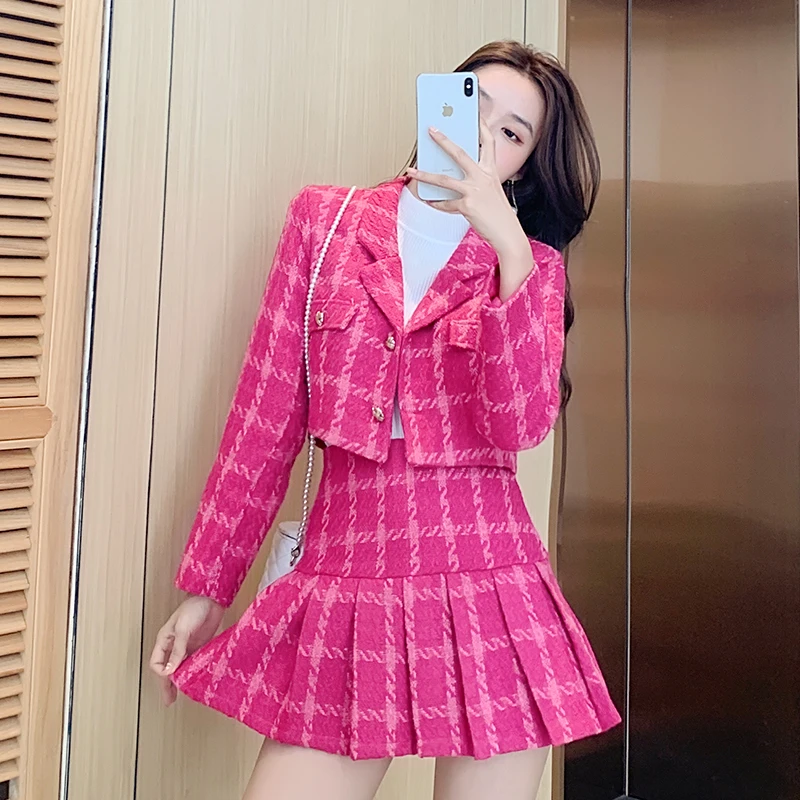 หวานสุภาพสตรีลายสก๊อต Tweed สั้นตัดเสื้อ2ชิ้นชุดฤดูใบไม้ร่วงผู้หญิง Notched Collar Coat + สูงเอวมินิชุดกระโปรง