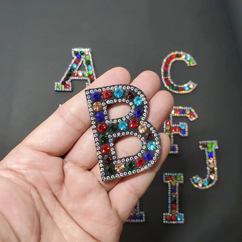 26 English Letters Colorful Rhinestone Patches For Clothes A-Z Alphabet Crystal Applique Iron On Clothing Patches DIY Name Craft