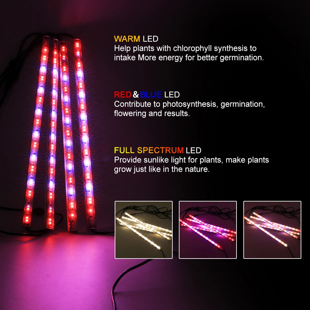 4pcs/Lot 100W 224LEDS 10 Level Brightness Adjustment 3 Lighting Mode Indoor Plants Vegetable Seedling LED Grow Light Strip