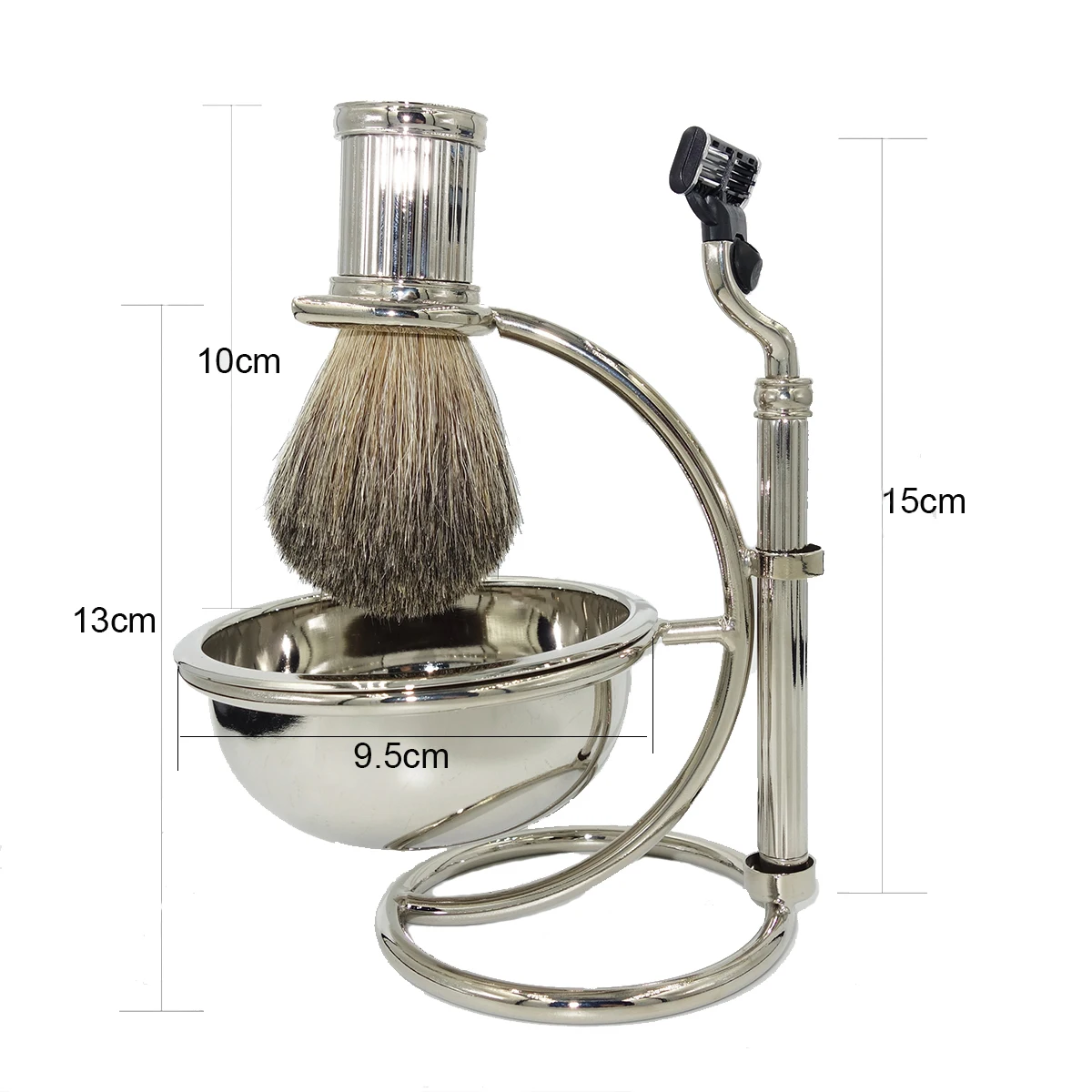 Man Wet Shaving Brush Kit Natural Fine Badger Hair Stainless Steel Holder Stand with 3-Layer Blade Razor