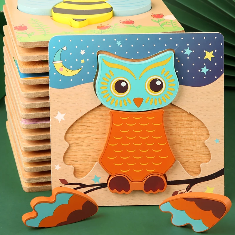 3D Wooden Puzzles Educational Cartoon Animals Early Learning Cognition Intelligence Puzzle Game For Children Toys