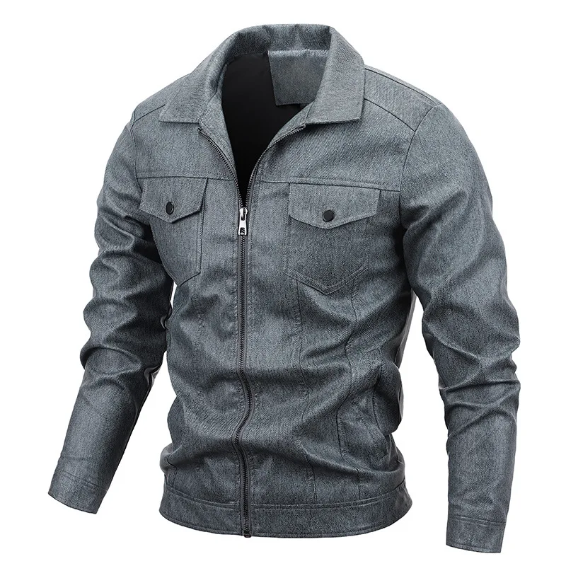 Chaqueta de cuero PU con doble bolsillo para hombre, abrigo informal a prueba de viento para motorista, MY580, otoño, 2023