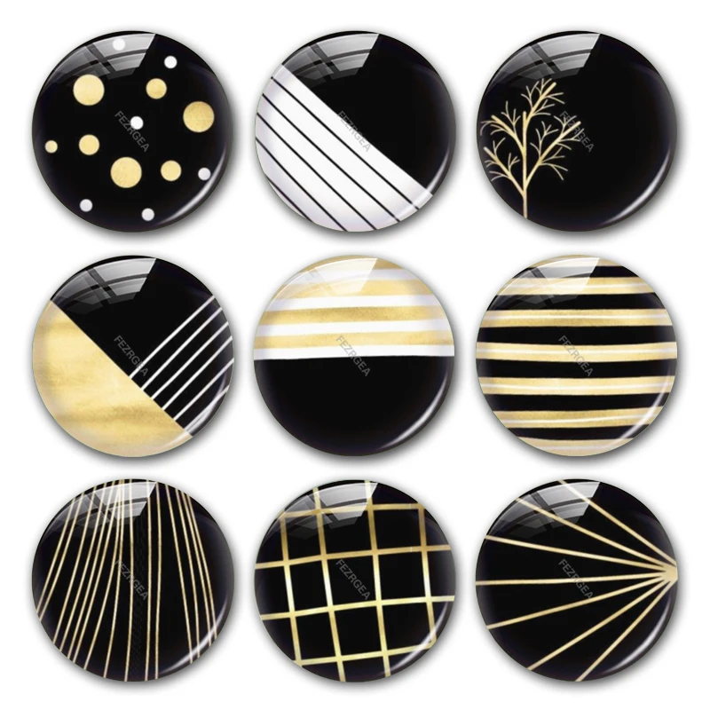 Geometric Pattern Black White Yellow Digital Images Round Photo Glass Cabochons Demo Flat Back For Jewelry Making Findings