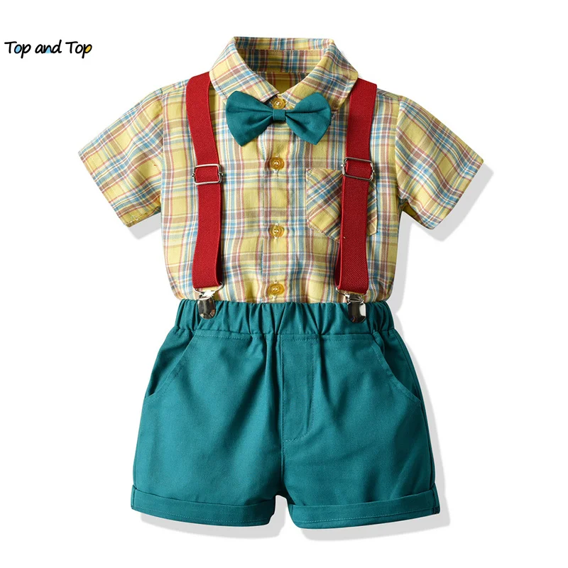 top and top New Infant Boy Clothes Set Baby Gentleman Suit Cotton Short Sleeve Plaid Shirts Tops+Suspenders Shorts 2PCS Outfits