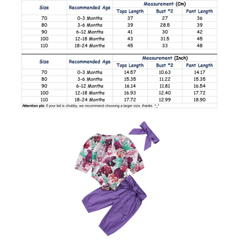 0-24M Newborn Baby Girls Long Sleeve Flower Print Romper Solid Color Pants Bow Hairband 3PCS Outfits Summer Girls Clothes Set