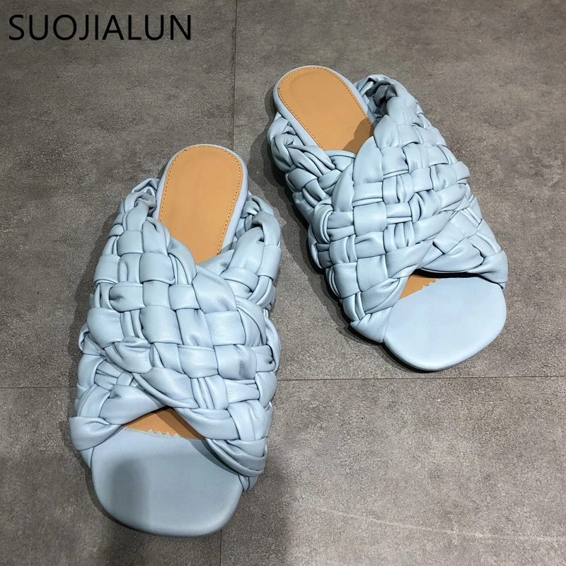 SUOJIALUN 2021 New Brand Flat Slippers Women Weave Slides Sandal Summer Outdoor Beach Open Toe Flip Flops Ladies Home Slippers