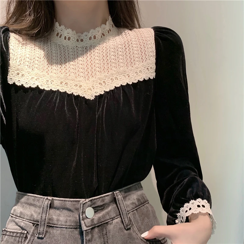 Neploe Black Blouse Women Clothes Lace Velvet Tops Fashion Korean Vintage Shirt Blusas Mujer De Moda Elegant Stand Neck Blouses