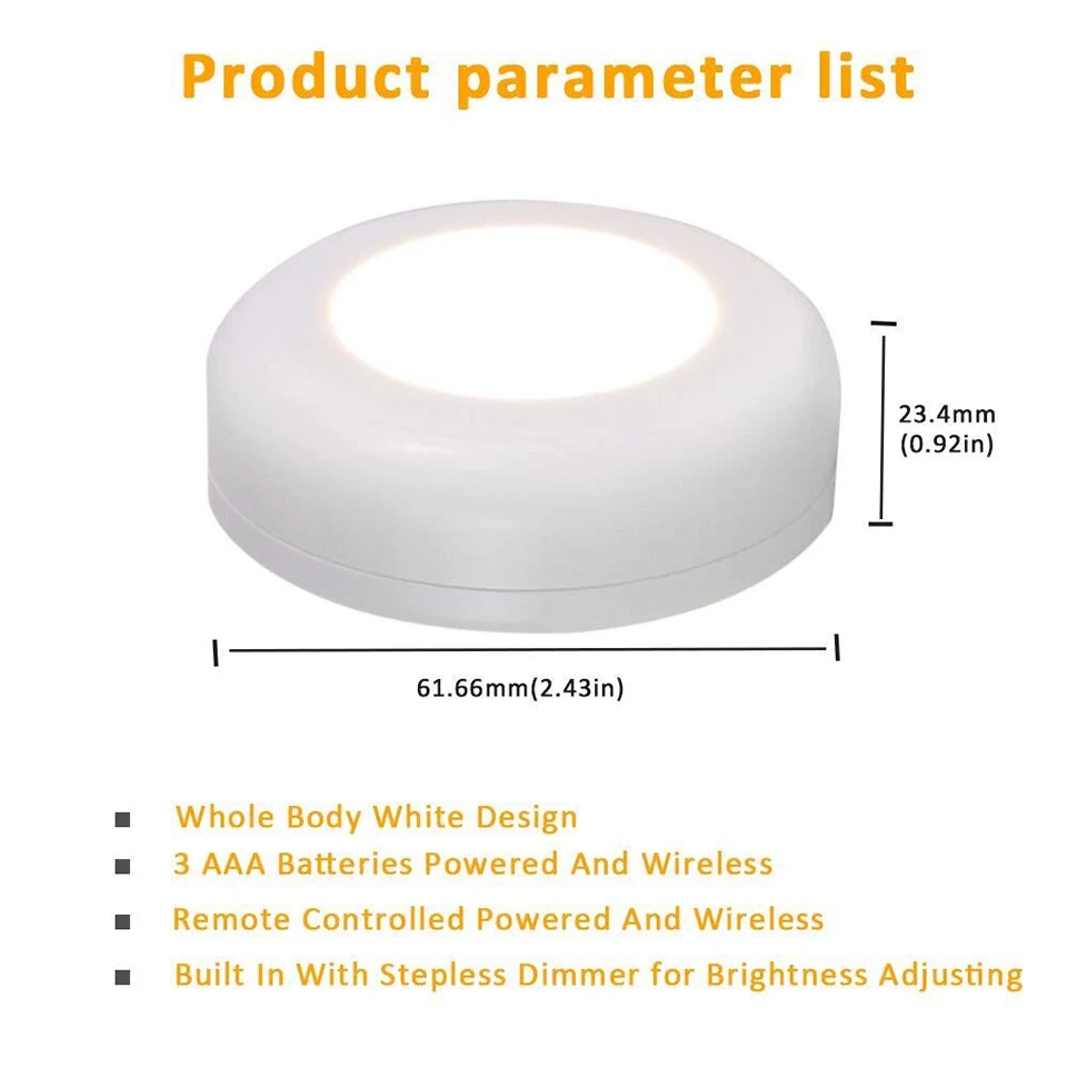 Wireless Dual Color LED Night Light Puck Light with Remote Control Dimmable Touch Sensor for Cabinet Closet Kitchen Lighti