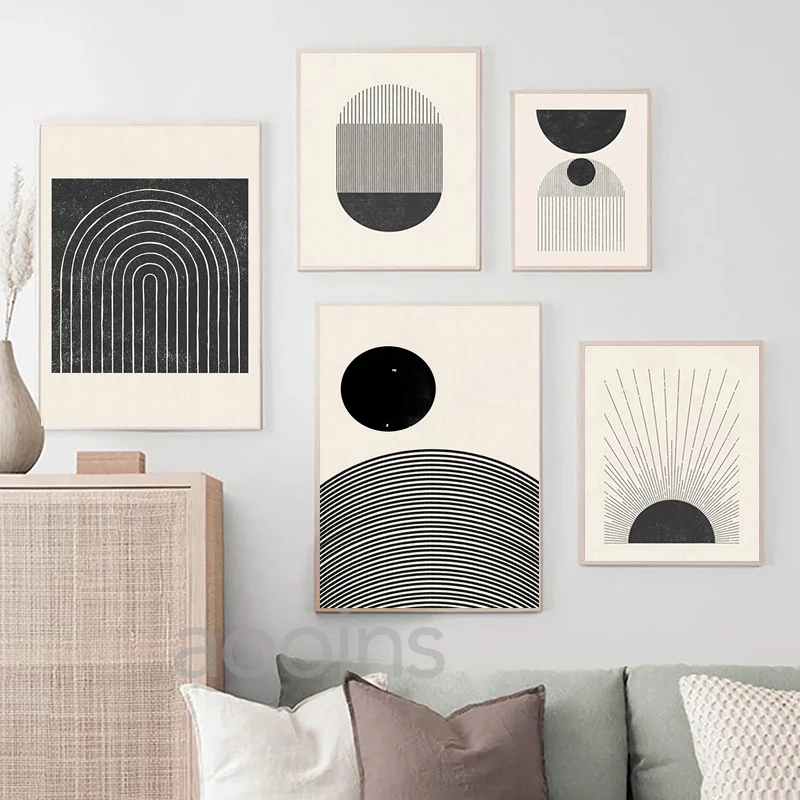 Sun Illustration Mid Century Modern Block Print Neutral Colors Style Poster Canvas Painting Wall Picture Living Room Home Decor