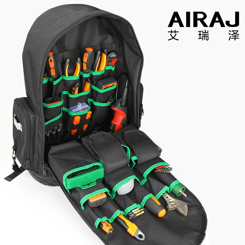 AIRAJ mochila de herramientas, bolsa de herramientas impermeable, bolsa de almacenamiento inferior de goma, mochila con múltiples bolsillos adecuada